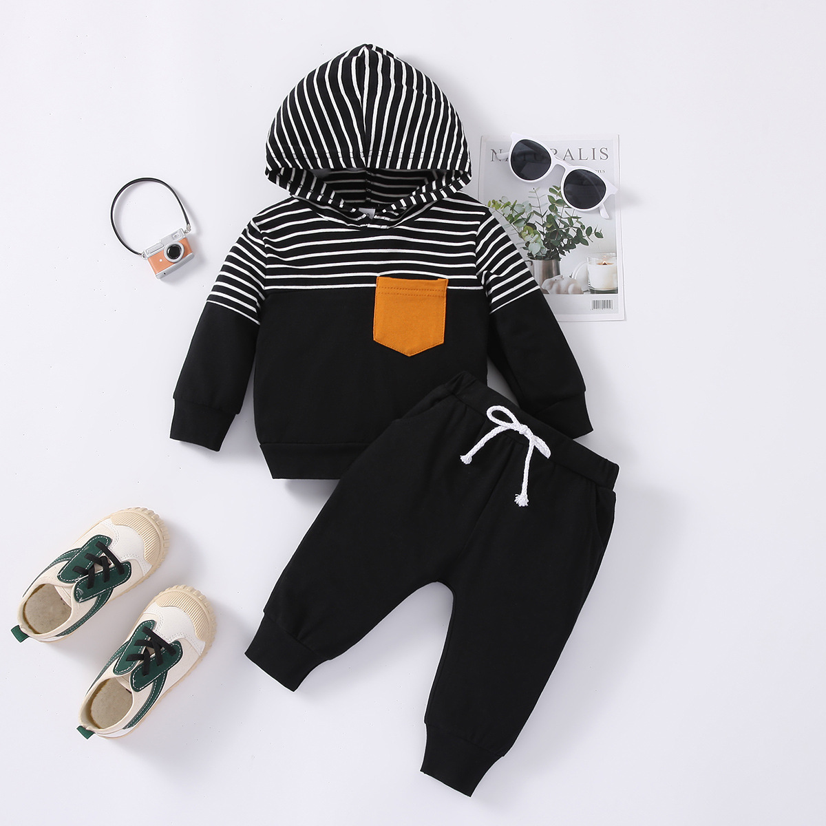 Mother&Kids Children's clothes Children's striped combination cap long sleeve top + trousers two sets of baby clothes