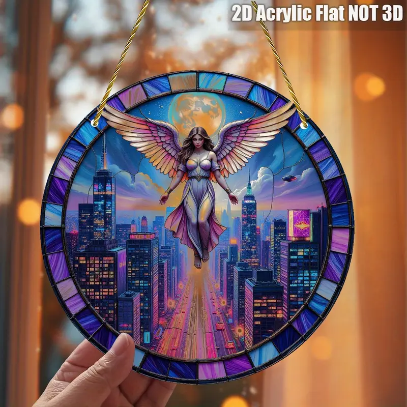 8x8in Cyberpunk Angel Suncatcher - Glowing Cityscape Acrylic Art For Modern Home & Office Decor_voghion.com