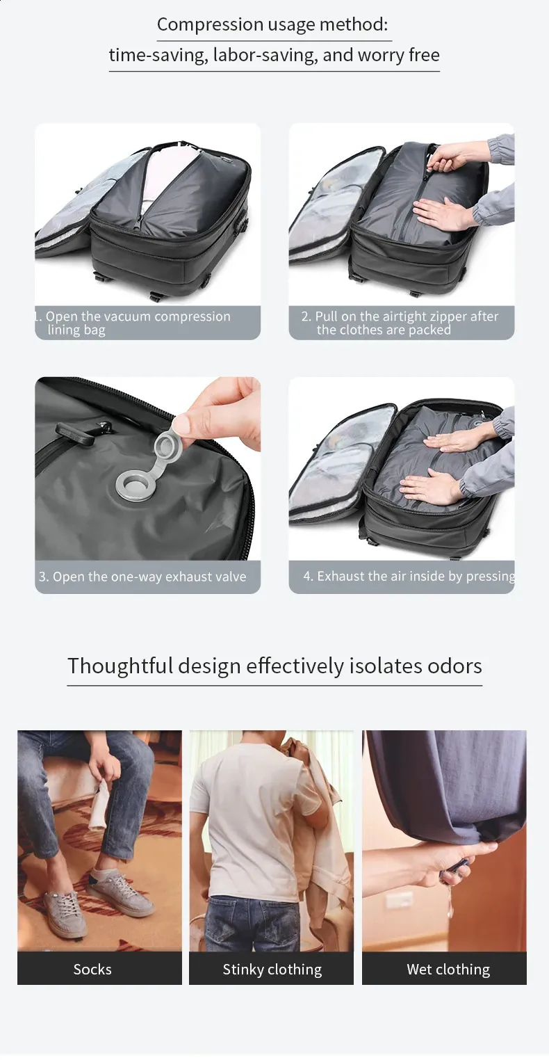 Sac à dos de voyage à compression sous vide pour hommes, sac à dos d'école de grande capacité pour ordinateur portable de 17 pouces, sac à dos de randonnée étendu 240729_voghion.com