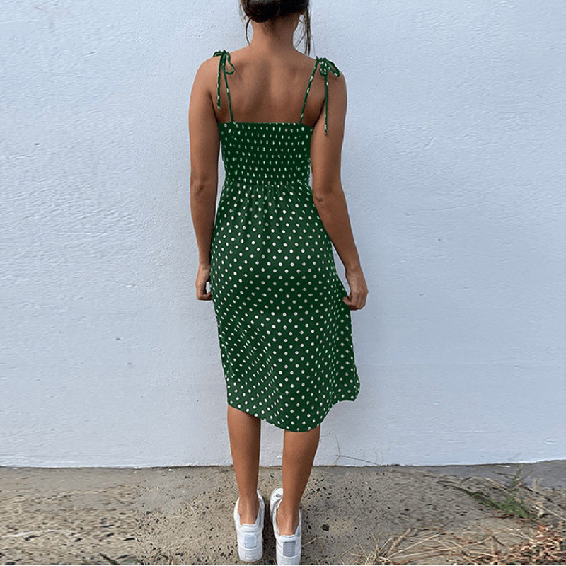 Women's Black And White Polka Dot Slit Dress With Elastic Strap_voghion.com