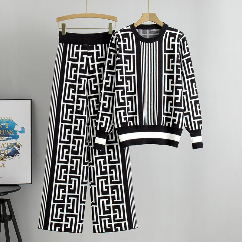 Women’s Clothing fashion knitted suits autumn and winter new pullover sweater wide leg pants suit