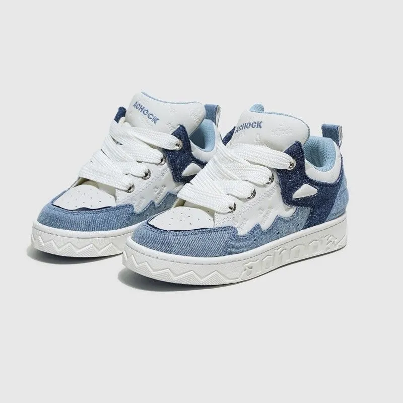 Zapatillas de deporte casuales de cuero de mezclilla de moda para mujer, zapatos cómodos de suela blanda_voghion.com