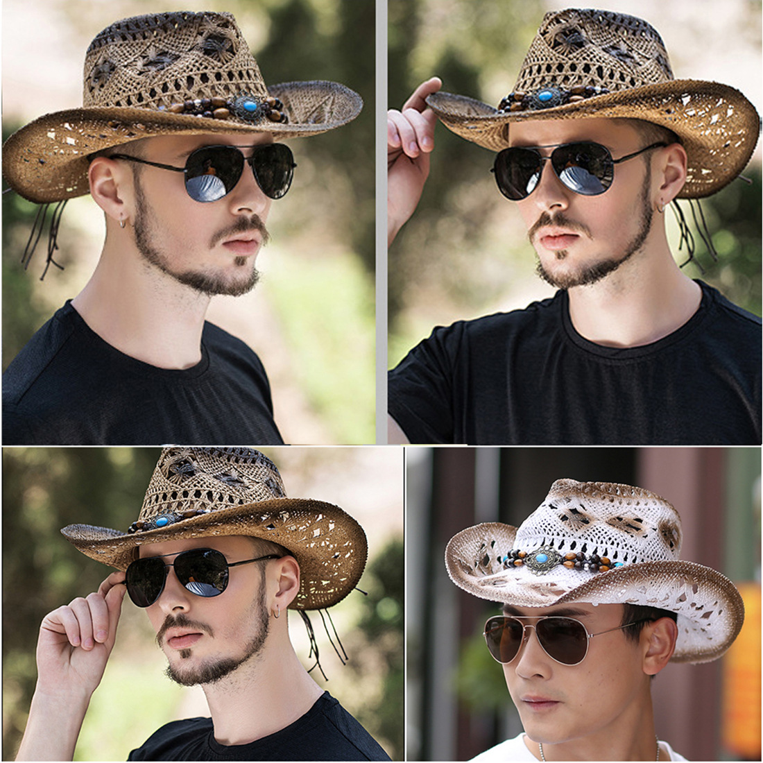 Pălărie de vară pentru bărbați, tricotată, cu paie de viță de vie, stil cowboy, cu protecție solară, pentru pescuit, zonă pitorească_voghion.com