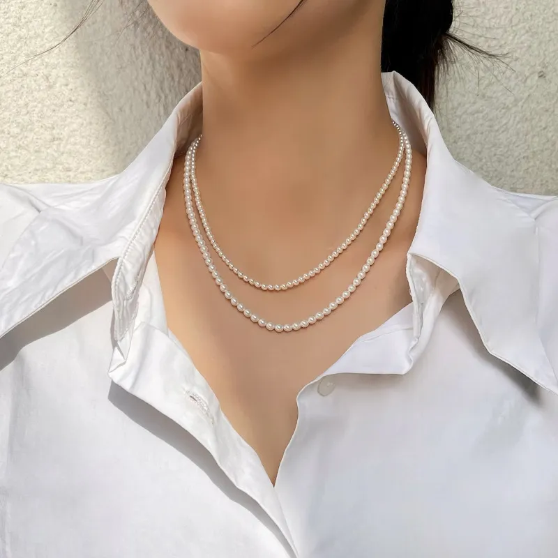 Collier de perles simulées en verre pour femme et fille, bijoux modernes, élégant, tempérament, perles de couleur grise et blanche brillantes_voghion.com