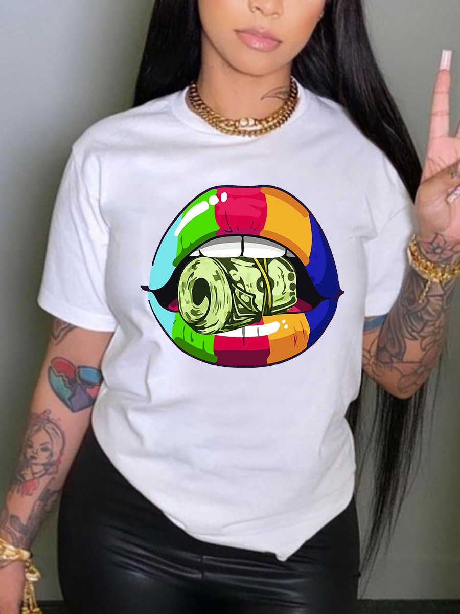 Damen Kurzarm Rundhals weißes Kurzarm T-Shirt Mode Lippen Dollar Druck_voghion.com