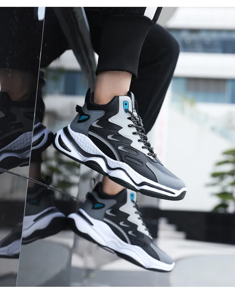 High-top Casual Sneakers For Men Grey Lace-up Trainers_voghion.com