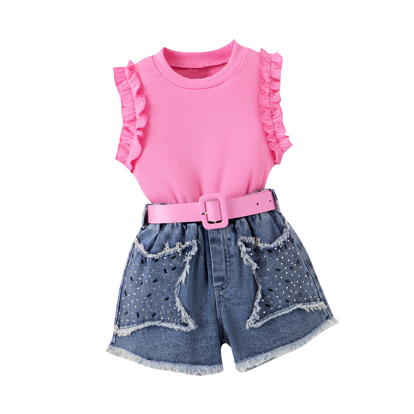 Wind summer small and medium-sized children's pit stripe sleeveless wooden ear edge top+star denim shorts+belt girl set_voghion.com