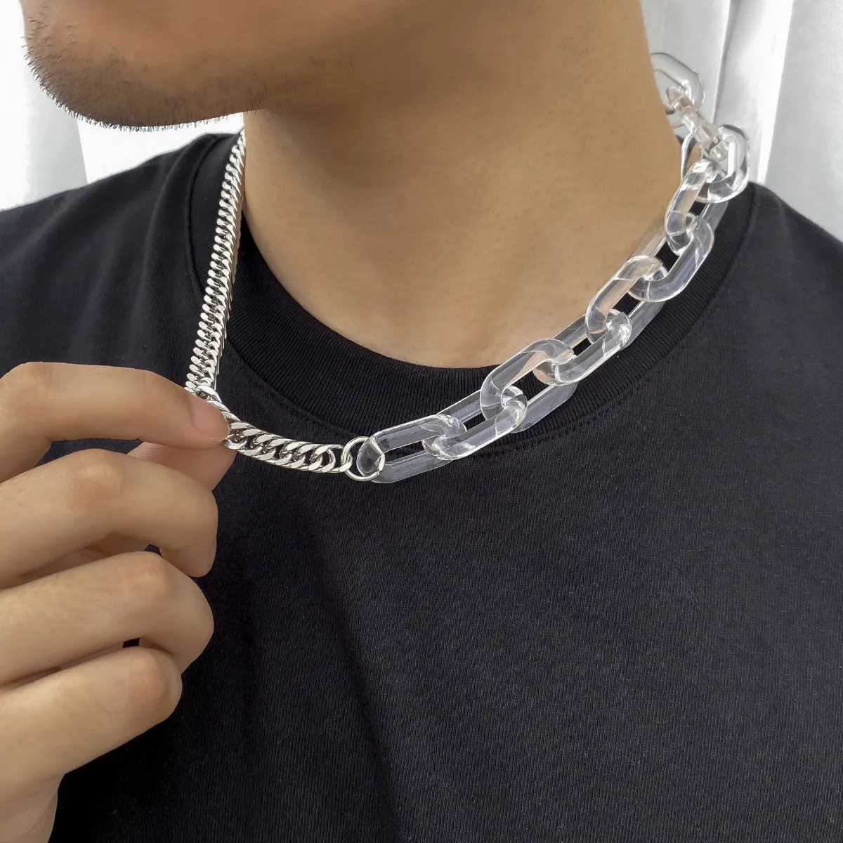 Collier en chaîne en métal simple et transparent en acrylique avec épissure pour le cou et la clavicule, bijoux pour hommes_voghion.com