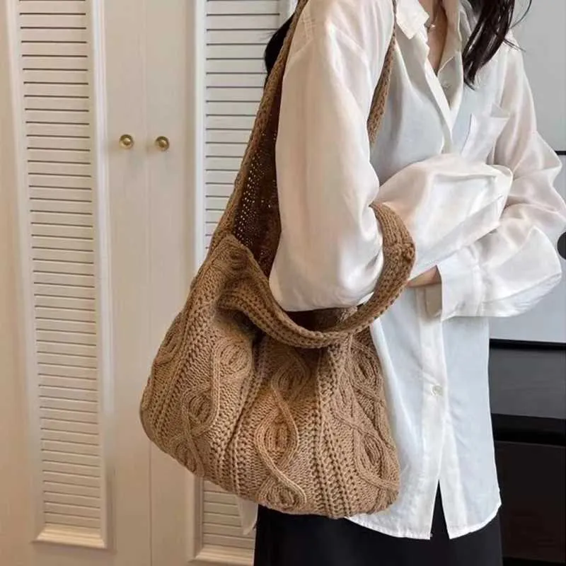 Borsa a tracolla in maglia di lana per la spesa da donna, in tessuto di cotone vintage, grande borsa da donna all'uncinetto_voghion.com