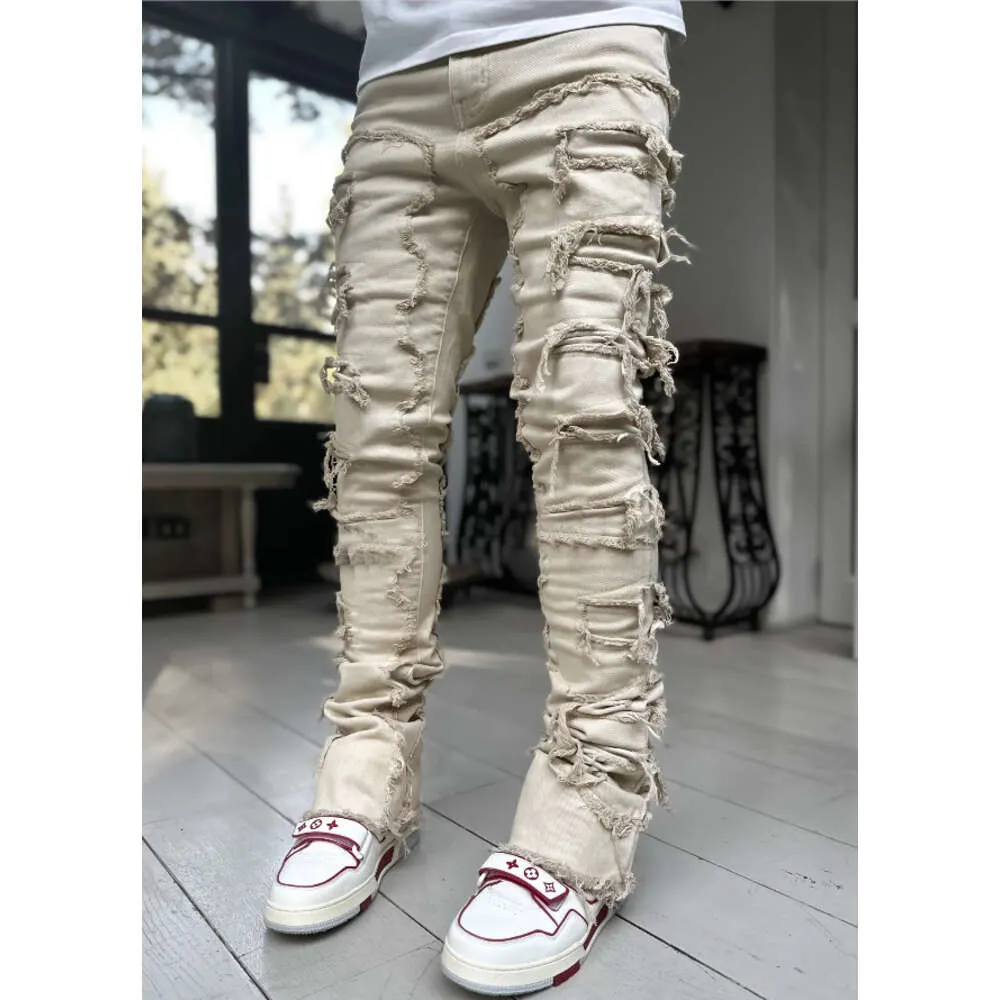 Pantalon droit en denim à patch élastique pour homme, nouvelle mode de rue_voghion.com