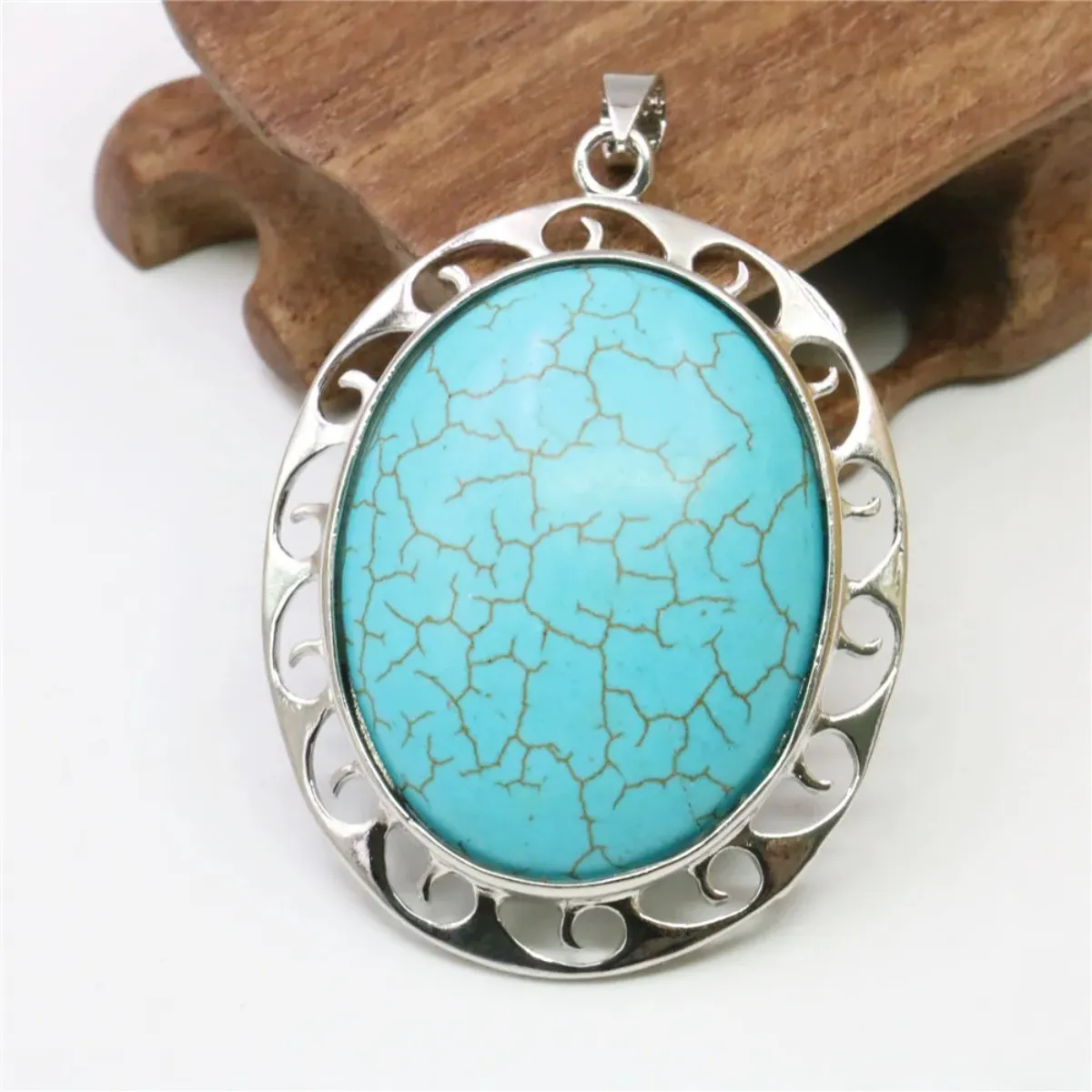 Colliers pendentifs ovales bleu dinde turquoise 42X50mm alliage bordure en métal pierre naturelle femmes filles cadeaux accessoires_voghion.com