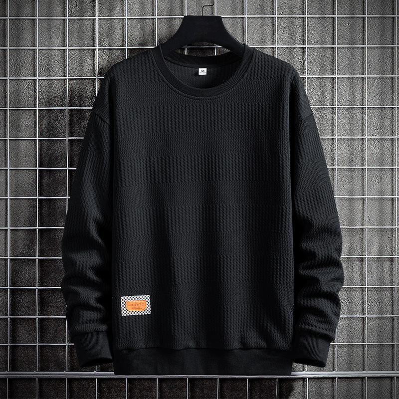 Men's hoodie spring and autumn Korean version new trend solid color jacquard fabric top casual youth round neck hoodie_voghion.com
