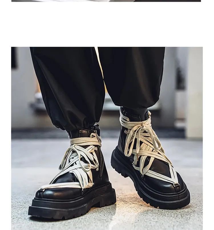 Bottines courtes en cuir à plateforme pour homme, chaussures de moto noires à la mode, style streetwear, 250114_voghion.com