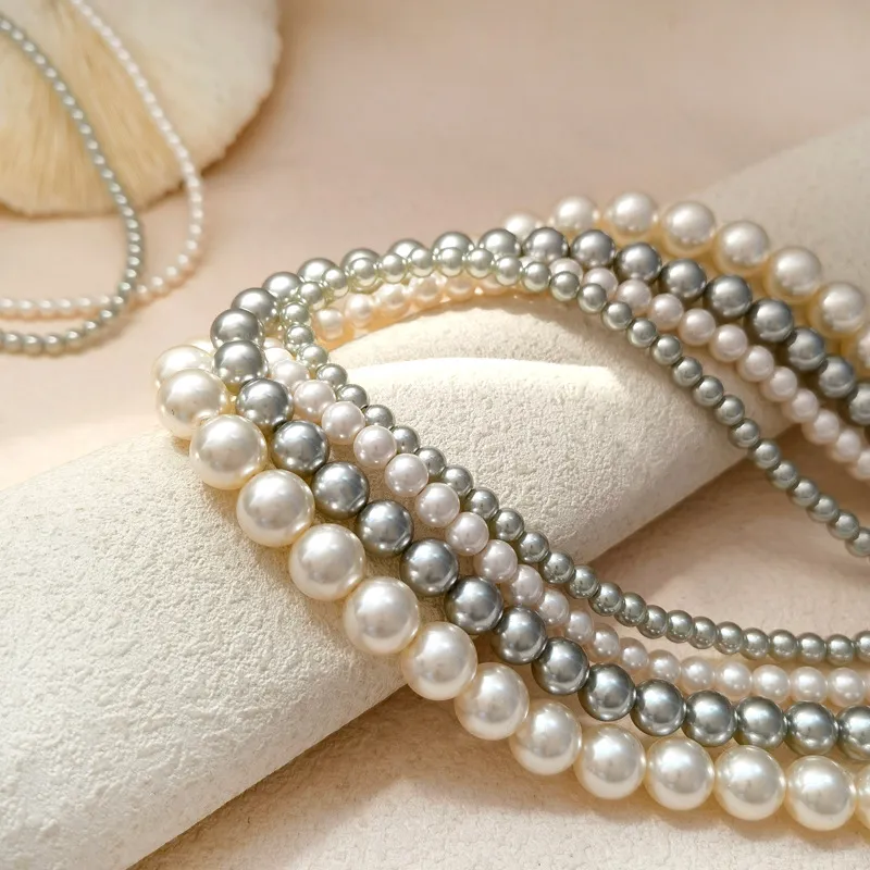 Collier de perles simulées en verre pour femme et fille, bijoux modernes, élégant, tempérament, perles de couleur grise et blanche brillantes_voghion.com