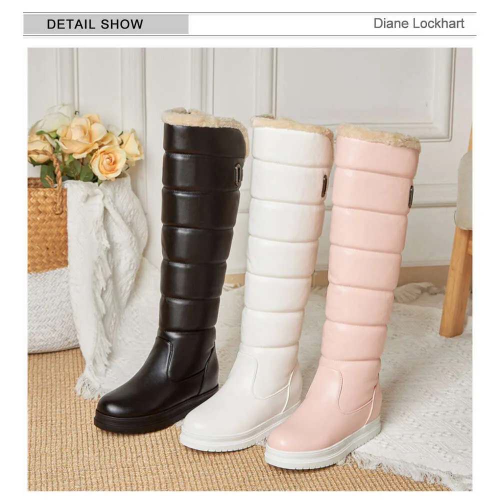 Winter Warm Rosa Weiß Schnee Frauen Schuhe 2024 Niedrigen Absätzen Knie Hohe Stiefel Weibliche Plattform Plüsch Lange Boote Mujer Schwarz_voghion.com