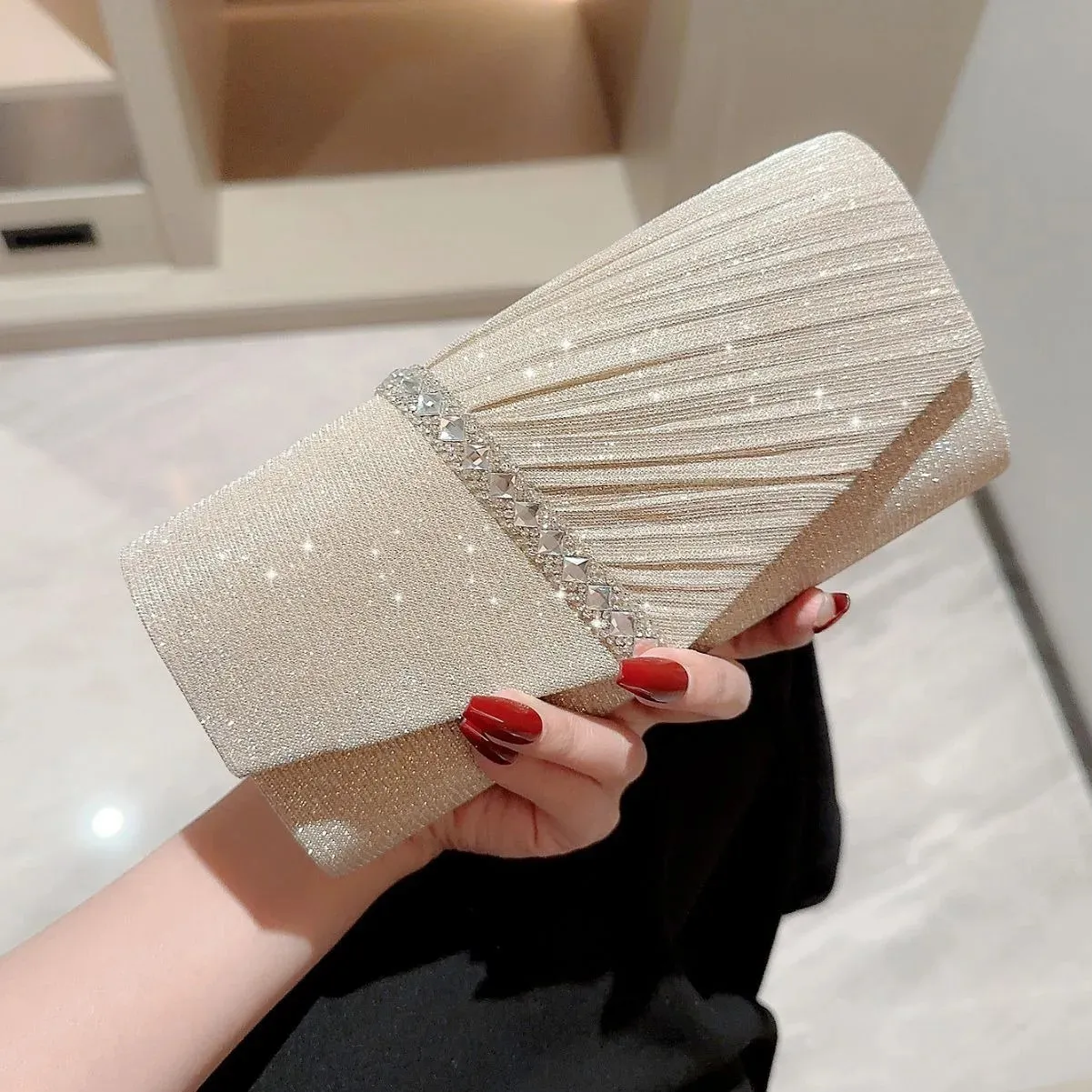 Modische Clutch für Damen, glänzender Rhie-Umschlag, Abendkette, Umhängetasche, Geldbörse, Dame, Hochzeitsfeier, Handtasche 240820_voghion.com