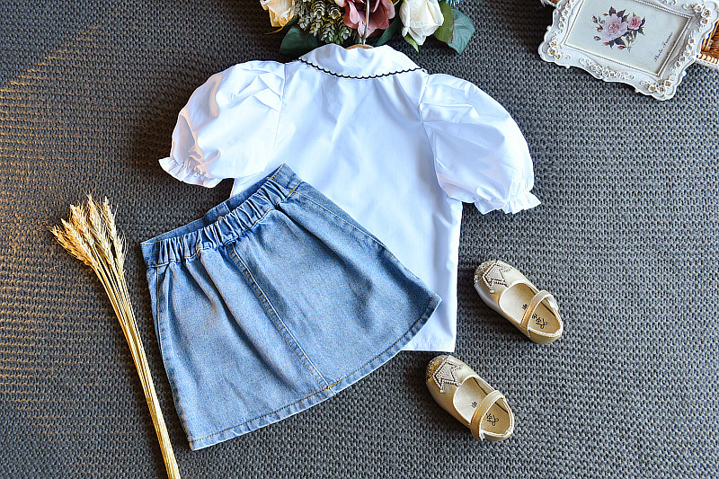 Mutter & Kinder kinder kleidung der mädchen Koreanische version außenhandel mode bestickt kurzarm-shirt plus jeansrock zwei-stück anzug_voghion.com