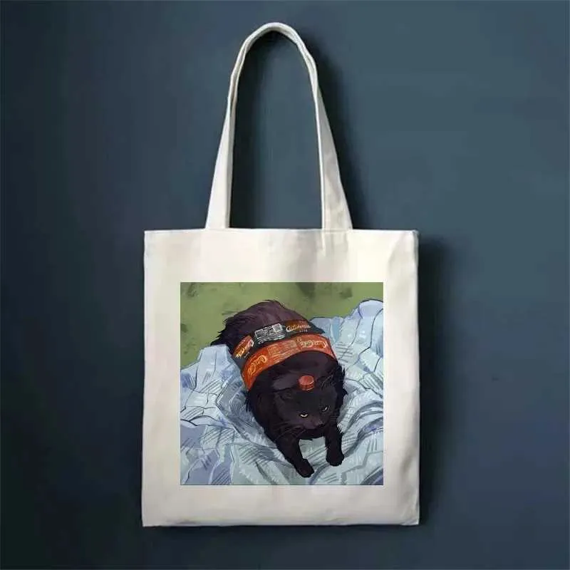Funny Print canvas Fi handbag girl Carto Enviromental large capacity portable shopping bag Y241109_voghion.com