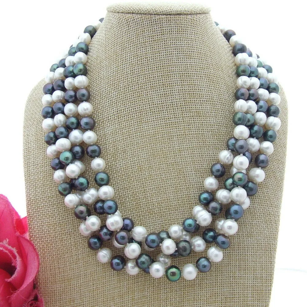 Collier de perles de culture d'eau douce colorées grises faites à la main, 4 brins de 9 à 10 mm, 51 cm, bijoux fantaisie_voghion.com