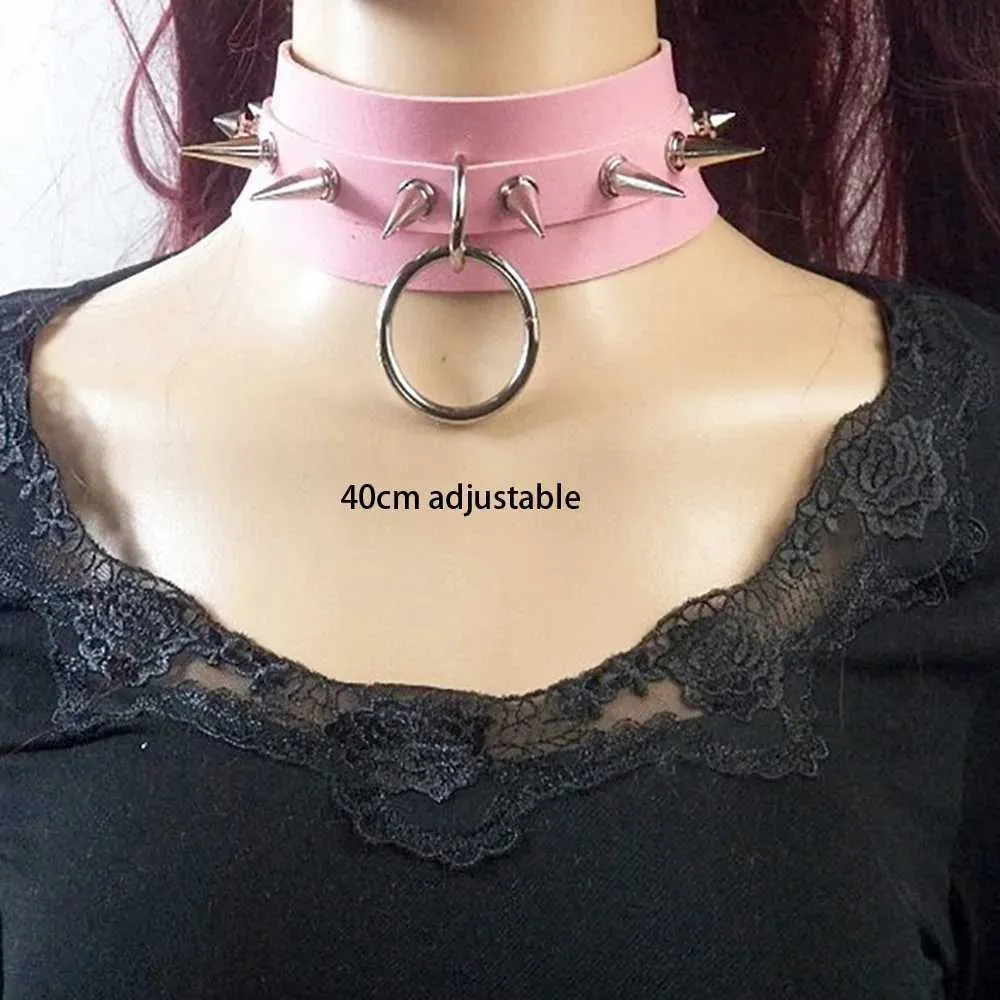 Collier ras du cou gothique en cuir avec pendentif rose sexy et tendance pour femme_voghion.com
