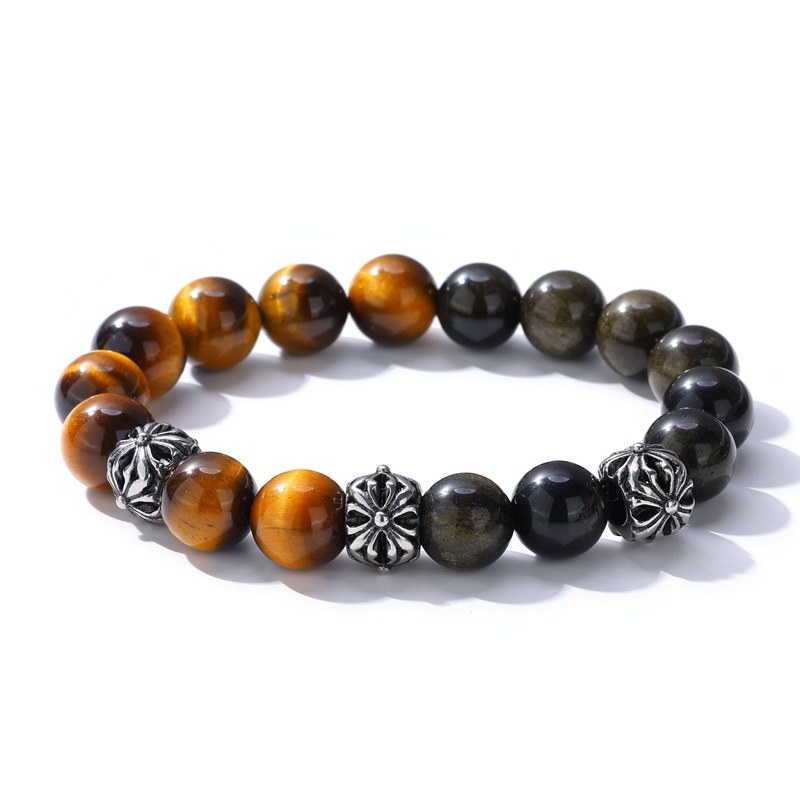 Men's Jewelry Obsidian Tiger Eye Bracelet Jewelry Versatile Thai Stainless Steel Round Bead Flower Bracelet Male