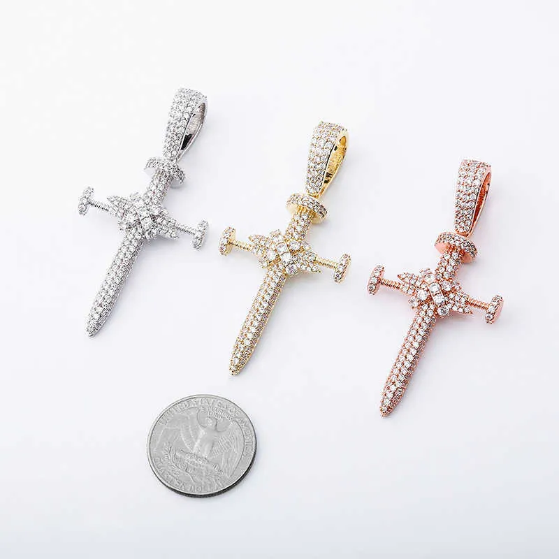 Unisex Ins Full Zircon Nail Cross Pendant Necklace Hip Hop Punk Jewelry Bling Real Yellow Gold Shiny Cz Stone Cubic_voghion.com