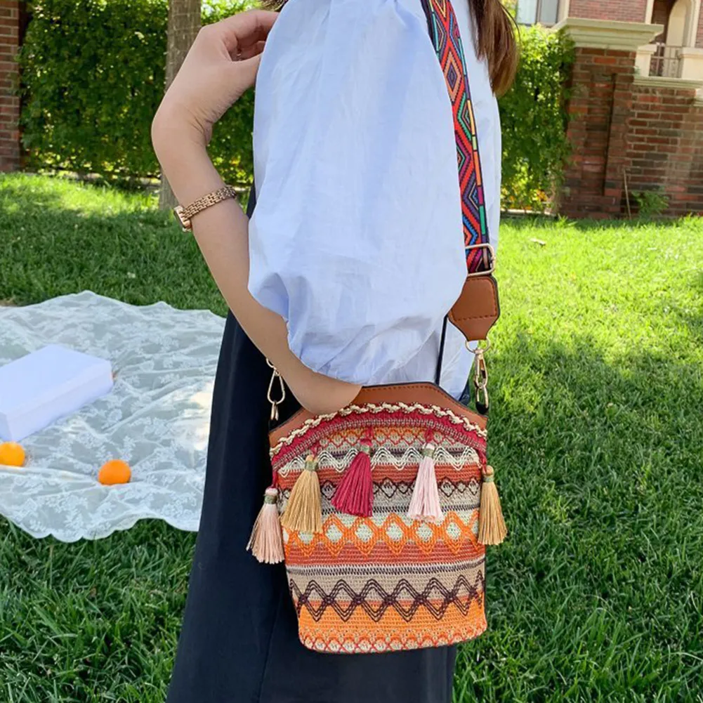 Borsa a tracolla vintage nazionale da donna, con nappa, etnica, intrecciata a mano, hippie, piccola borsa a tracolla_voghion.com