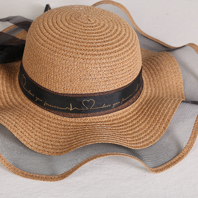 Hats for women, summer mesh straw large brimmed foldable sunshade hats, bow beach hats_voghion.com