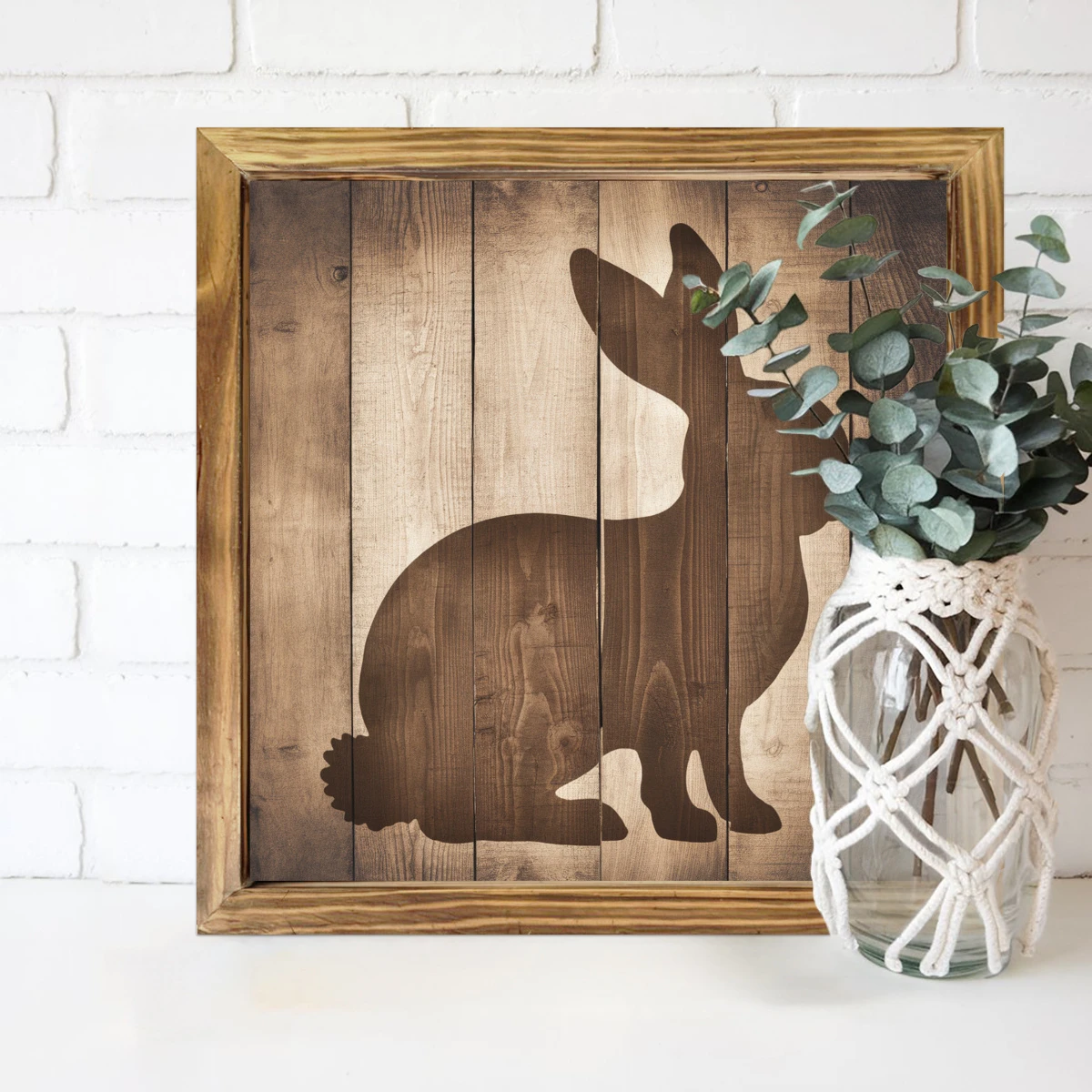 "8x8" Rustic Bunny Silhouette Wood Sign - Farmhouse Wall Art For Kitchen, Bedroom & Office | No Power | Easter/Housewarming Gift_voghion.com