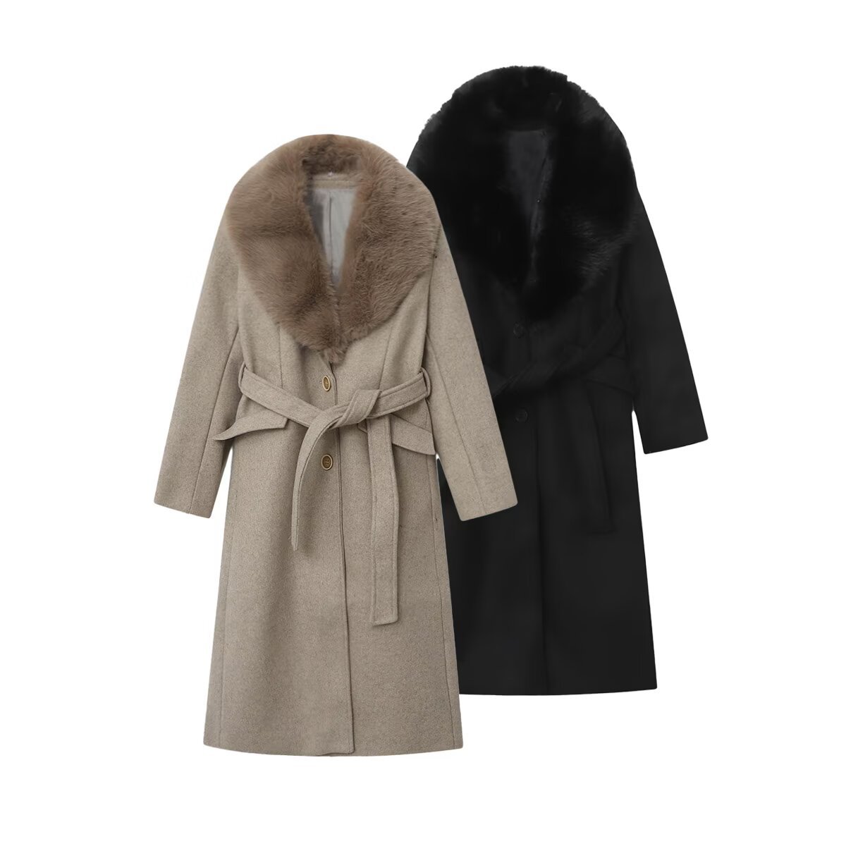 Elegant Belted Wool Coat For Women - Winter Long Trench Coat With Faux Fur Collar, Slim Fit, Double-Breasted, Street Style ( , XS S M L)​