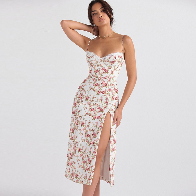 Women’s Clothing Spring Fashion New Small Floral Slit Suspender Dress