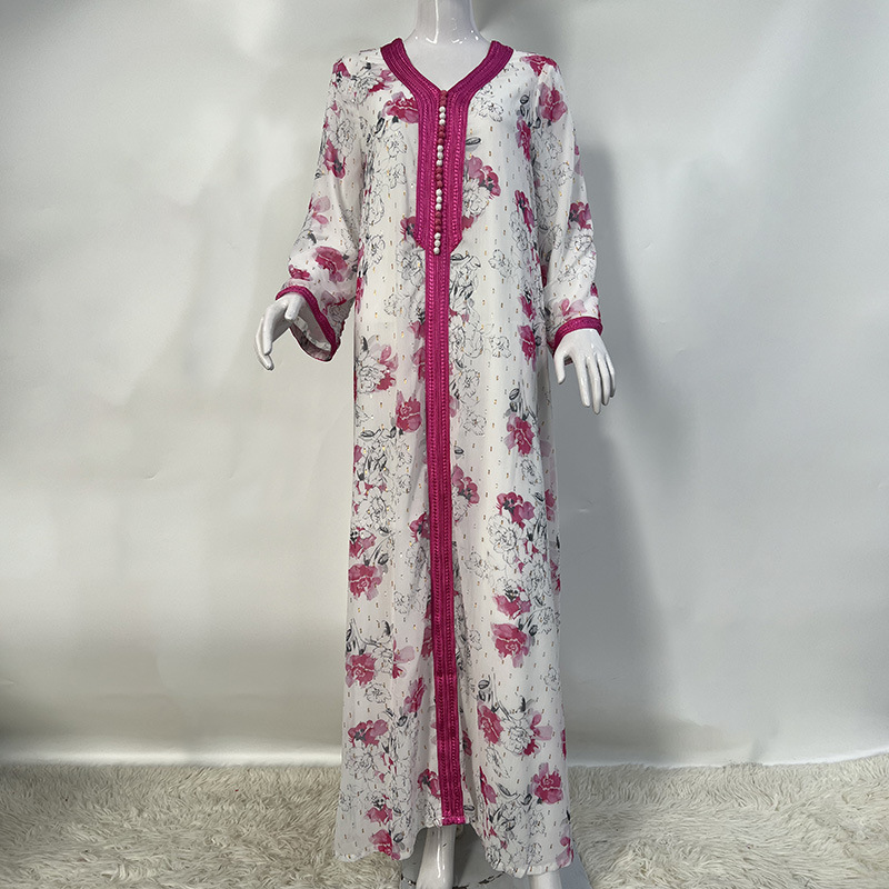 Abbigliamento donna Moda Medio Oriente Nuovo Oro Seta Chiffon Stampa a inchiostro Abito Donna Abaya Stile etnico Arabo Dubai Abito_voghion.com