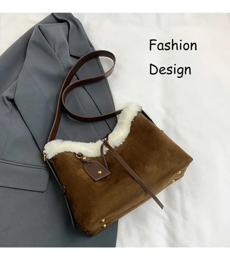 Sacs à bandoulière en daim de grande capacité pour femmes, sacoches solides et souples, sacs décontractés pour l'automne et l'hiver, patch en peluche pour femmes_voghion.com