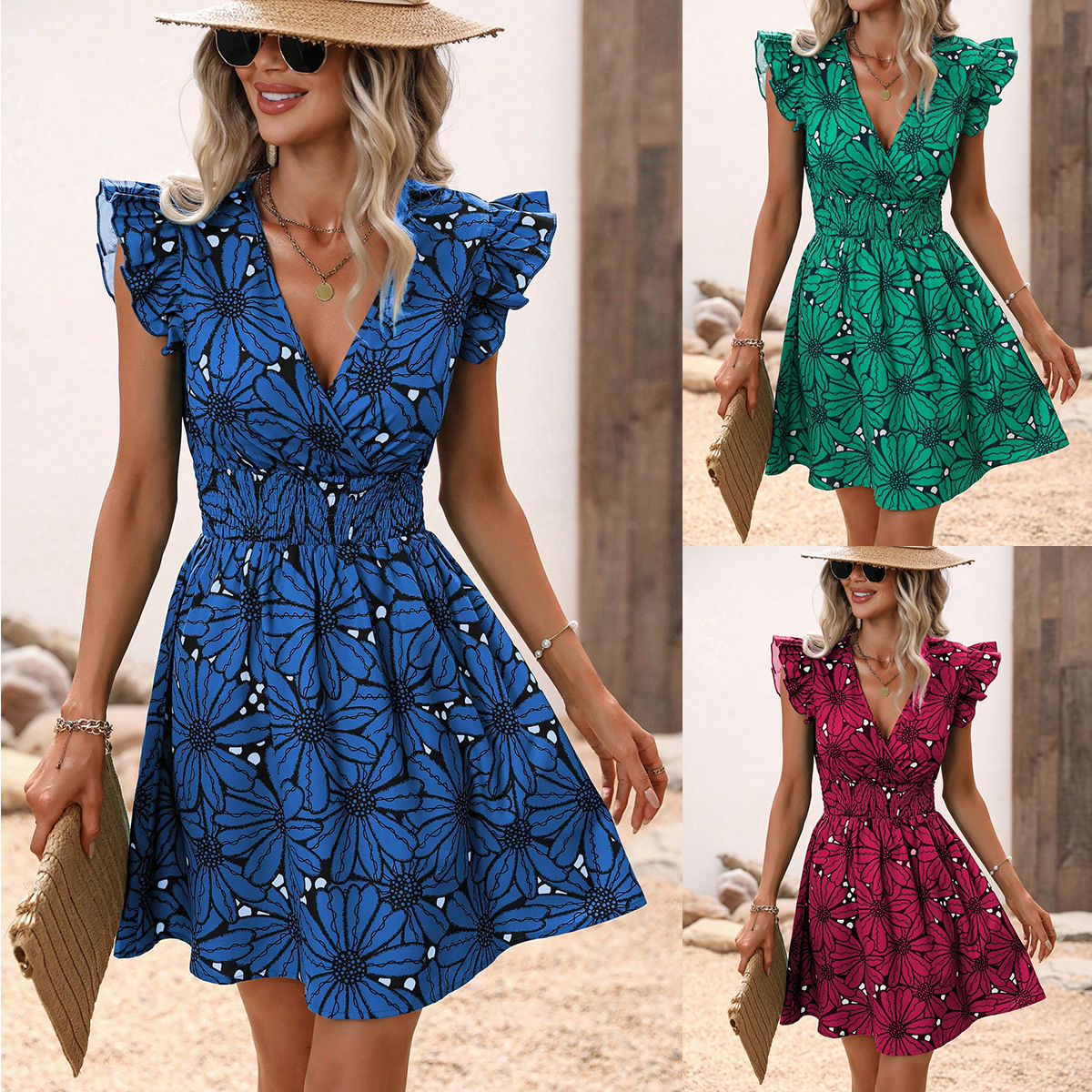 Damen Rock-set Mit Blumenmuster V-ausschnitt Und Taillierung_voghion.com