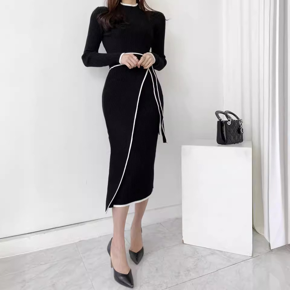 Chic Korean-Inspired High-Neck Color-Block Knit Dress - Retro Autumn Winter Belted Midi Dress For Women ( , S M L)​