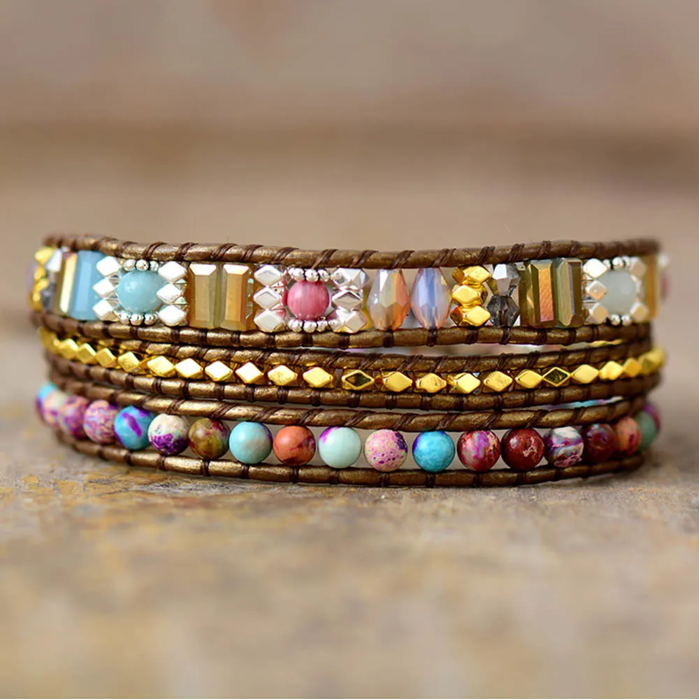 Pulseras de cuero estilo bohemio con múltiples capas y dijes, de alta gama, con jaspe imperial, cristal, hechas a mano, con cordón de cuentas, para hombre y mujer._voghion.com
