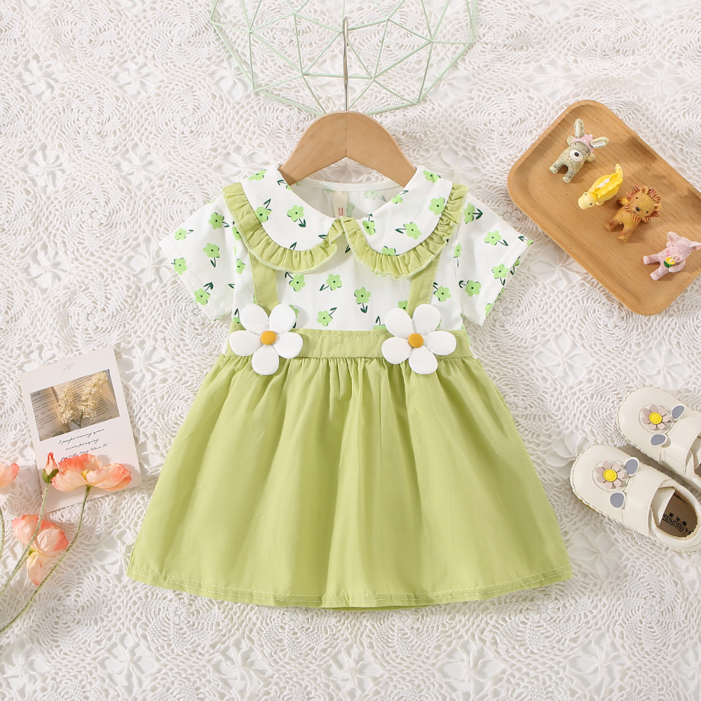 Robe d'été pour petite fille avec bord à volants et col de poupée, robe imprimée à fleurs, vêtements mignons pour enfants_voghion.com