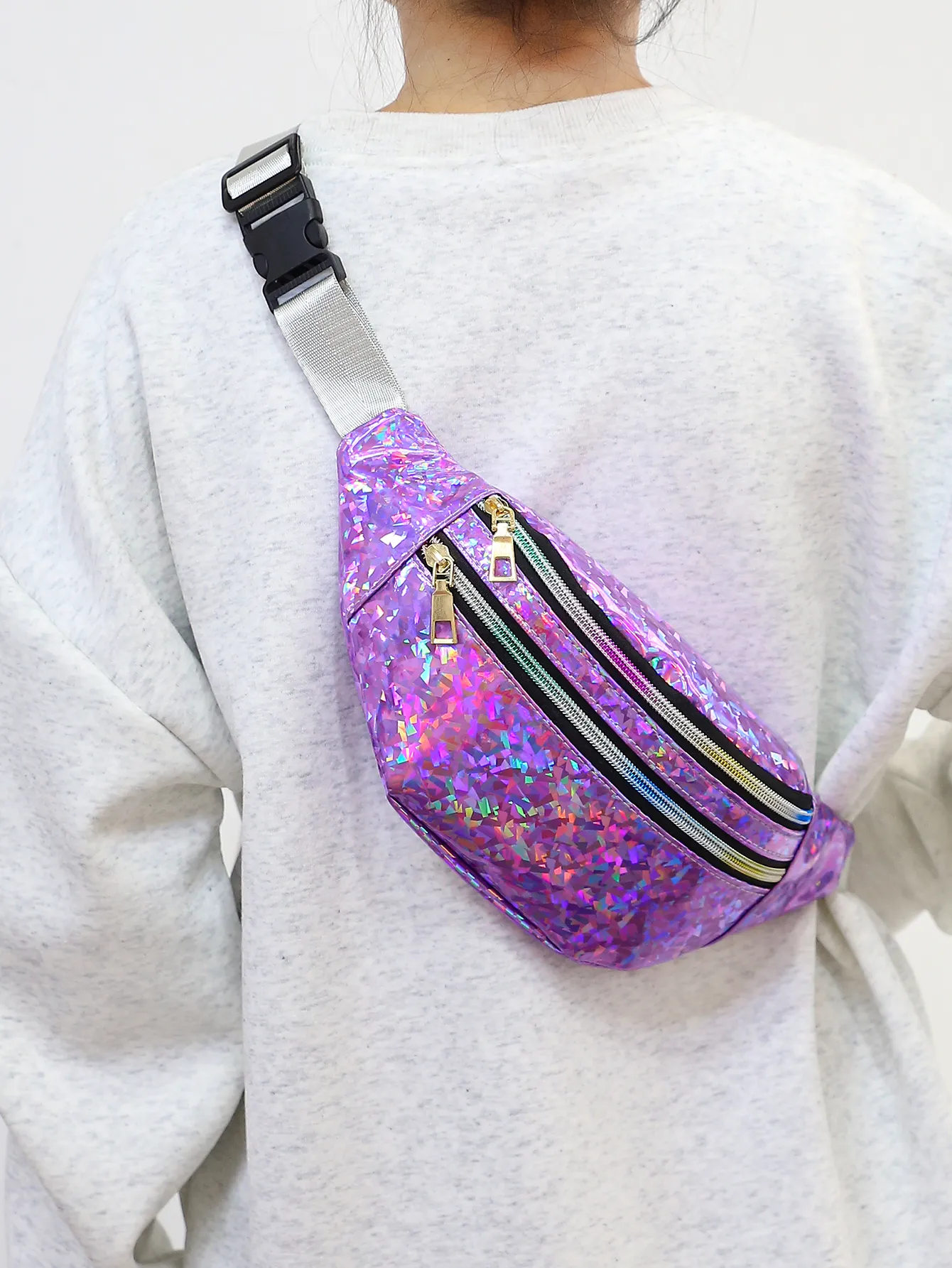 Holografische Taschen Damen Sier Fanny Pack Damengürtel Schwarz Geometrische Taillentaschen Laser Brust Telefontasche Bauchtasche_voghion.com