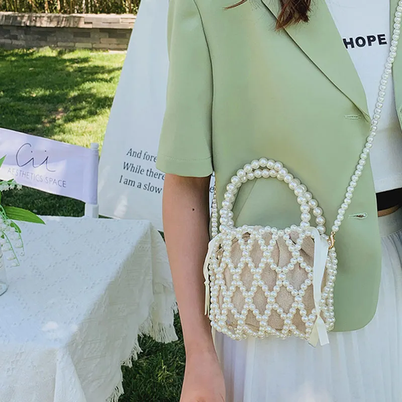 Yogodlns Mini borsa a secchiello da donna, borsa a tracolla intrecciata con perle, borsa a mano, portafoglio, borsa a tracolla da donna_voghion.com