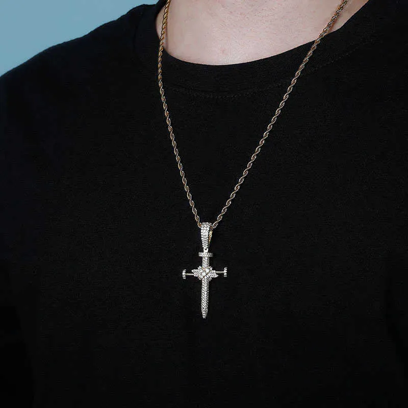 Unisex Ins Full Zircon Nail Cross Pendant Necklace Hip Hop Punk Jewelry Bling Real Yellow Gold Shiny Cz Stone Cubic_voghion.com