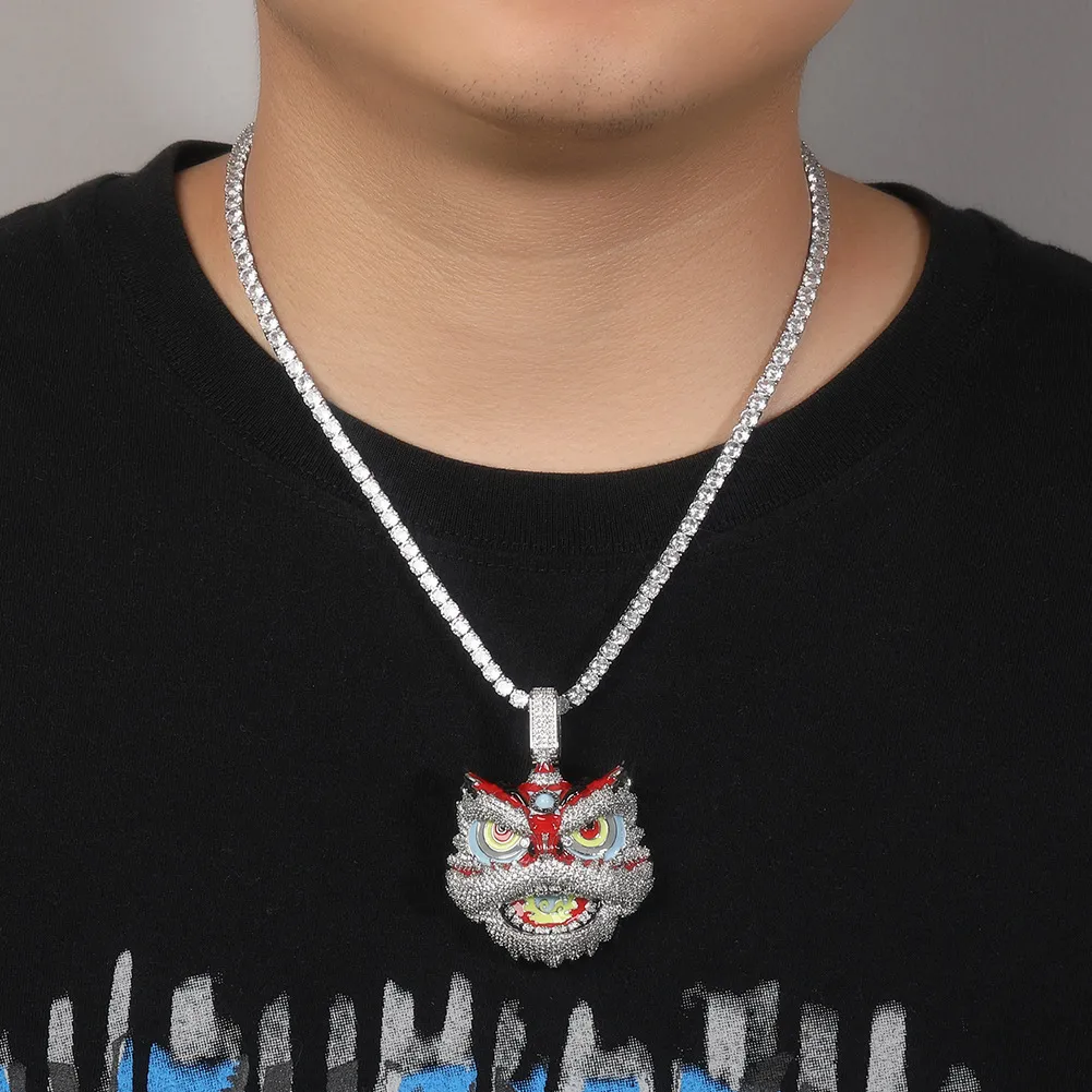 Collana con ciondolo a forma di leone colorato retrò hip hop, regalo per uomo, gioielli placcati in oro vero e zircone pieno_voghion.com