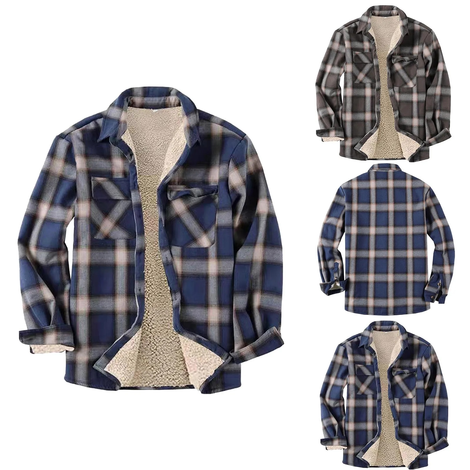 Men's Fashion Printing Loose Lapel Shirt Tops Blouse Warm Thick Plaid Shirts Casual Long Sleeve_voghion.com