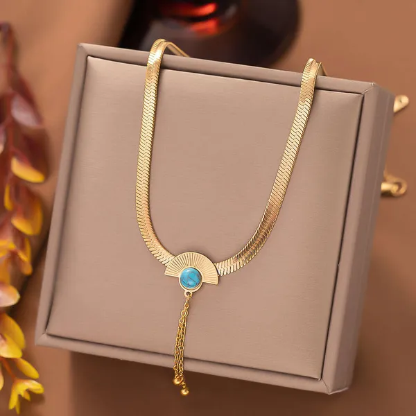 Collana con ciondolo in pietra quadrata in oro giallo 14k per donna, classica catena a serpente piatta color oro, regalo di nozze_voghion.com