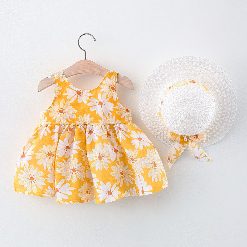 Baby Girl Dress Summer Flower Printed Cotton Sling Dress Fashion Princess Dress Kids Clothes Send Hat_voghion.com