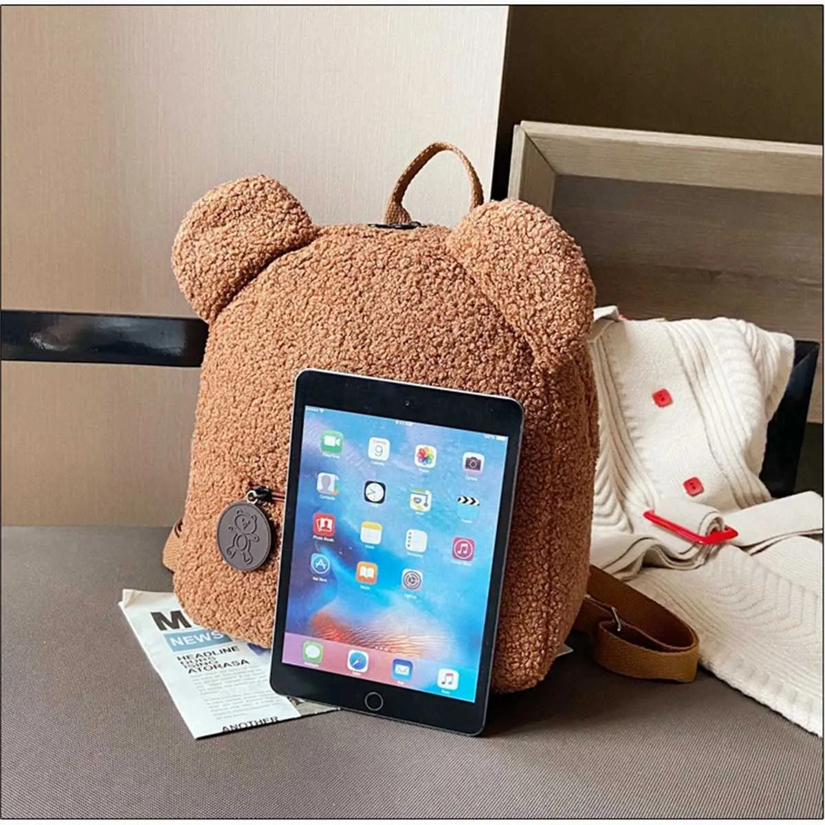 Plüsch Damentasche Herbst und Winter neue koreanische Version süßer kleiner Bär Ohr Rucksack Mädchen Eltern-Kind-Tasche-LJXC241217_voghion.com