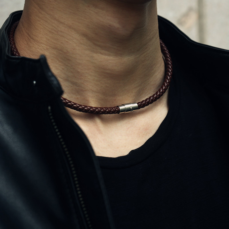 European And American Fashion Lanyard, Woven Leather With Magnetic Clasp, Black, Unisex Accessory Cord, Pendant Cord In_voghion.com