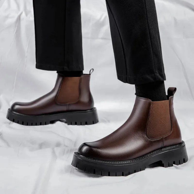 Scarpe da lavoro impermeabili con suola spessa da uomo in stile britannico, moda casual, classiche, in pelle, comode, con punta tonda e punta alta_voghion.com