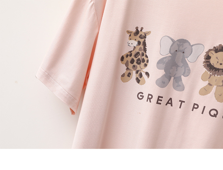 Vêtements pour femmes Printemps et été Modal Pyjamas Femmes Dessin animé Animal Manches Courtes Pantalon Mince Lâche Doux Confortable Ensemble de vêtements pour la Maison_voghion.com