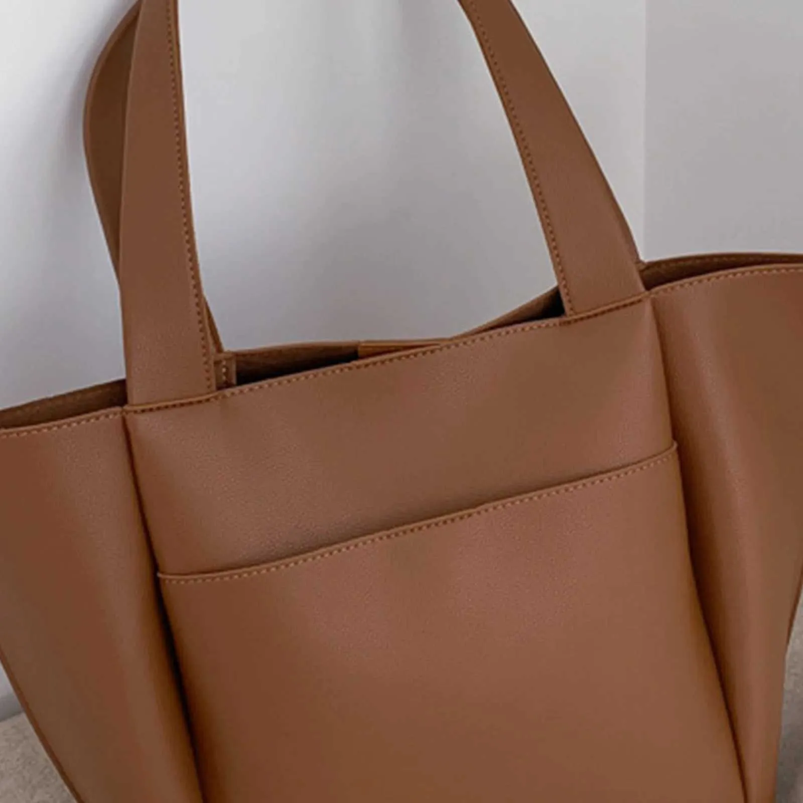 Women's Large Leather Shoulder Tote Handbag With Top Handle Black_voghion.com