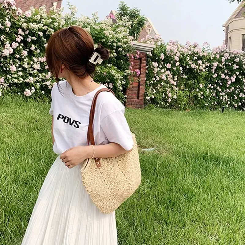 Summer grass woven shoulder bag Latan Beach large capacity handmade vacation travel shopping handbag Y241011_voghion.com